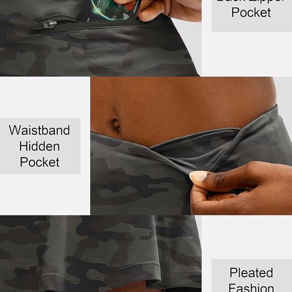 Women's Green Camo Pleated Tennis Skirt with Pockets, High Waist, Built-in Short - Picture 4 of 5